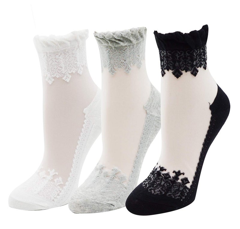 Lovful 3 Pairs Women's Ultrathin Transparent Lace Elastic Short Socks,Multicoloured - Image 1